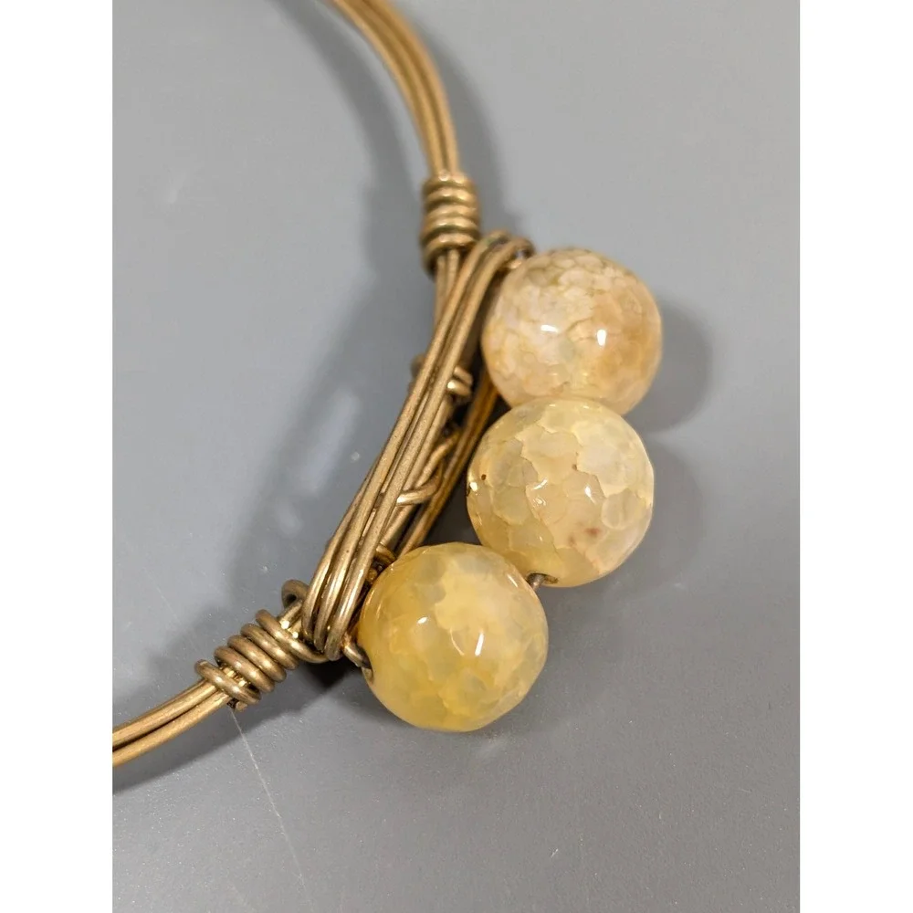 Wire Wrapped Stone Bead Bangle Bracelet Brass Tone Stackable Boho 8 Inch‎